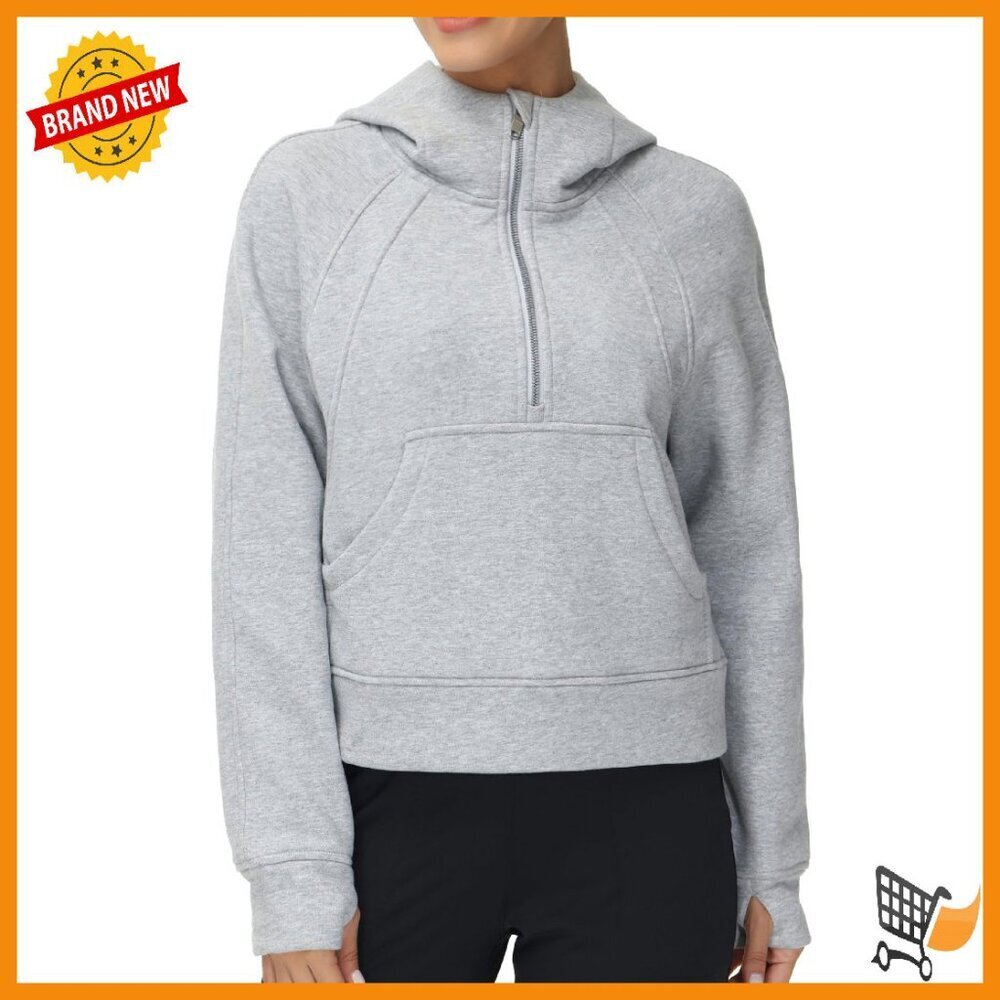 Fleece Half Zip Crop Hoodie with Thumb Holes & Pocket